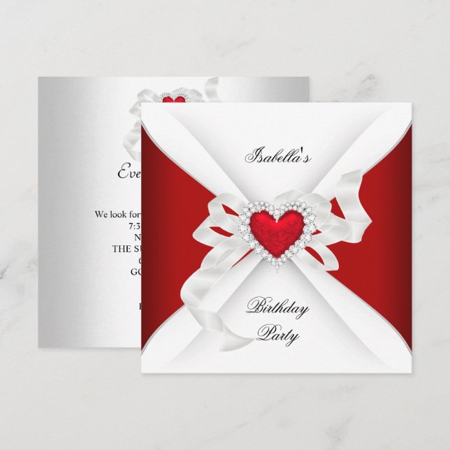 Invitation Anniversaire Fête Rouge Argent Blanc Diamant Coeur (Devant / Derrière)