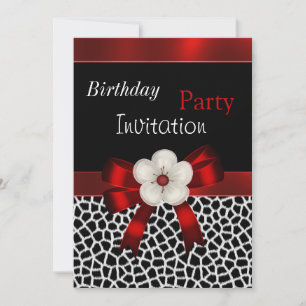 Invitation Anniversaire Fête Rouge Noir Floral Bow