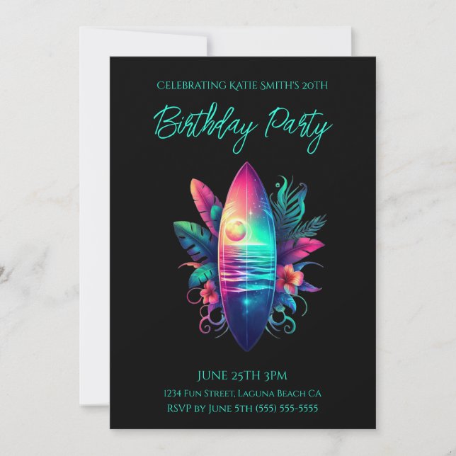 Invitation Anniversaire Fête-Surfboard Tropical Beach- (Devant)