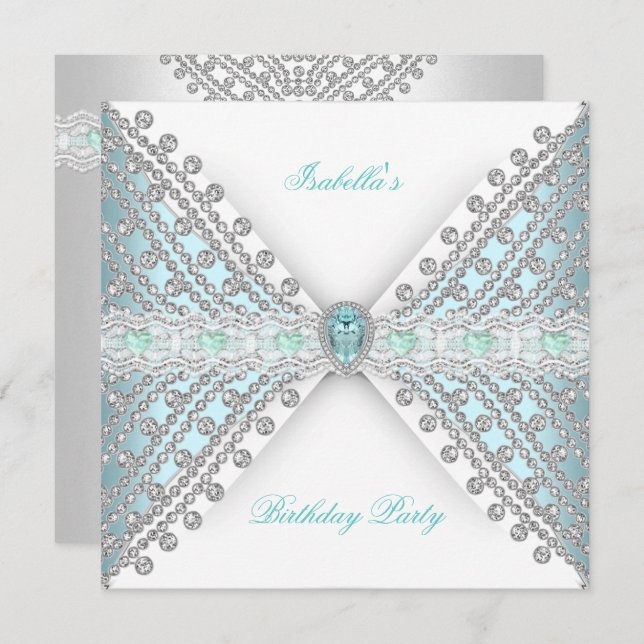 Invitation Anniversaire Fête TURQUOISE BLUE Argent Blanc Diam (Devant / Derrière)