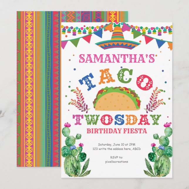 Invitation Anniversaire Fiesta, Taco Twosday, 2e anniversaire (Devant / Derrière)