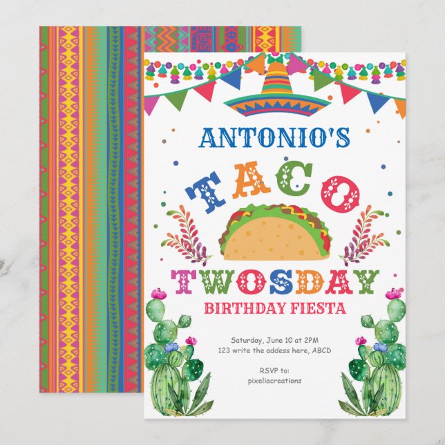 Invitation Anniversaire Fiesta, Taco Twosday, Garçon 2e anniv (Devant / Derrière)