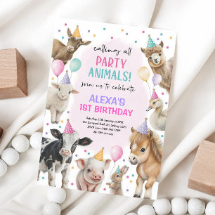 Invitation Anniversaire Fille Animaux de la Ferme Rose