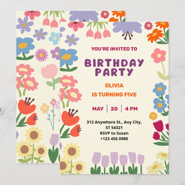 Invitation Anniversaire Fille Fleurs Pastel Cinq A (Devant / Derrière)