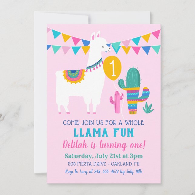 Invitation Anniversaire Fille Fun Cactus Rose Tout Llama (Devant)