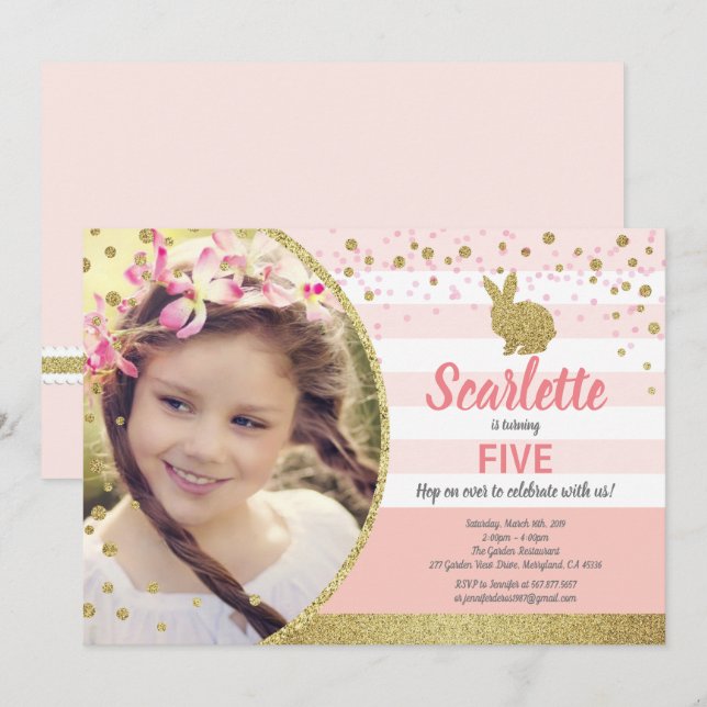 Invitation anniversaire fille lapin rose or (Devant / Derrière)