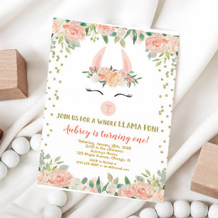 Invitation Anniversaire Fille Llama Fiesta Pailleté Or