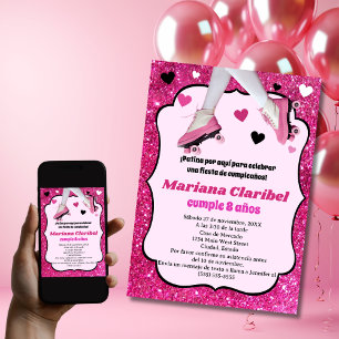Invitation Anniversaire Fille Patinage Paillettes Rose Rétro 