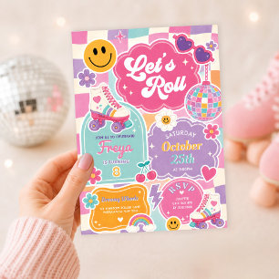 Invitation Anniversaire Fille Patins à Roulettes Rétro Damier