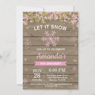 Invitation Anniversaire Fille Rose Or Flocon de Neige Hiver R