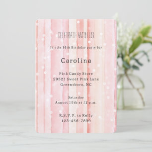 Invitation Anniversaire Fille Rose Pâle Rayures Points Blancs