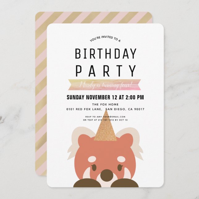 Invitation Anniversaire Fille Rose Simple Pandas Rouges (Devant / Derrière)