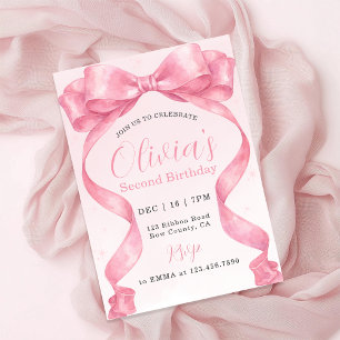 Invitation Anniversaire Fille Ruban Rose Coquette Aquarelle