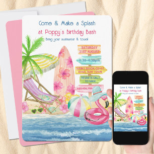 Invitation Anniversaire Filles de Plaisir d'Été Plage et Surf