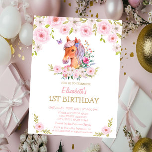 Invitation Anniversaire Fleur Poney Pailleté Or