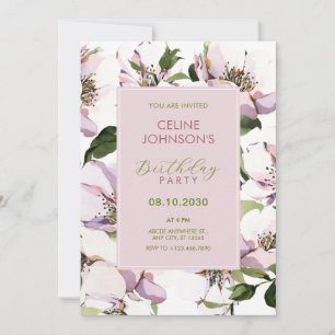 Invitation Anniversaire fleuri vert pourpre