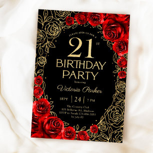 Invitation Anniversaire Fleuris 21 Ans Rouge Noir Or
