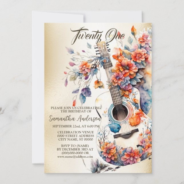 Invitation Anniversaire Fleurs colorées Instrument de musique (Devant)
