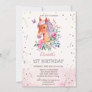 Invitation Anniversaire Fleurs de Poney Aquarelle 