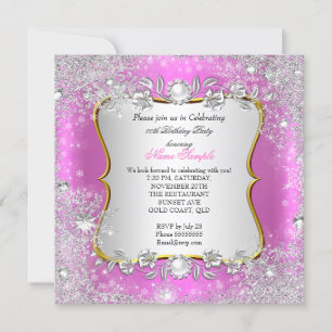 Invitation Anniversaire Flocon de Neige Rose Argent Wonderlan