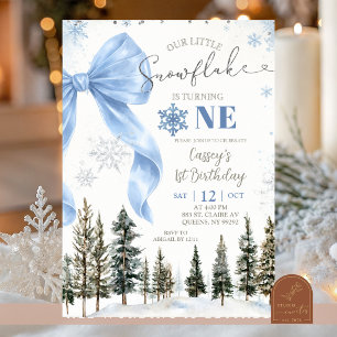 Invitation Anniversaire Flocon de Neige Ruban Fantaisie Bleu