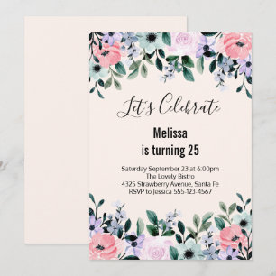 Invitation Anniversaire floral aquarelle rose violet vert