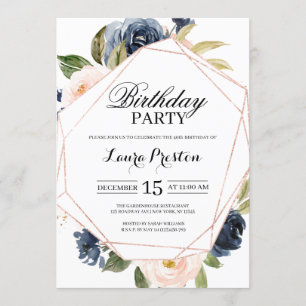 Invitation Anniversaire floral bleu marine et rose pâle