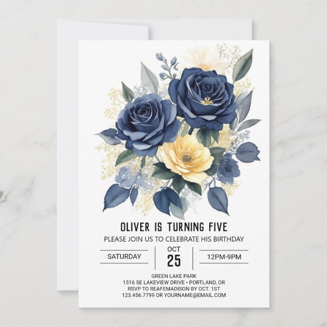 Invitation Anniversaire floral bleu marine modifiable (Devant)