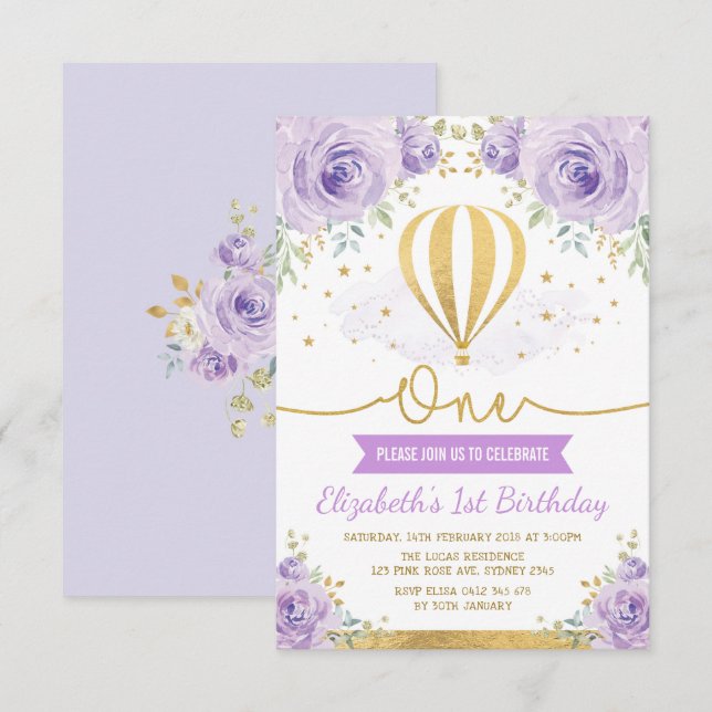 Invitation Anniversaire floral chaud d'or pourpre de ballon à (Devant / Derrière)