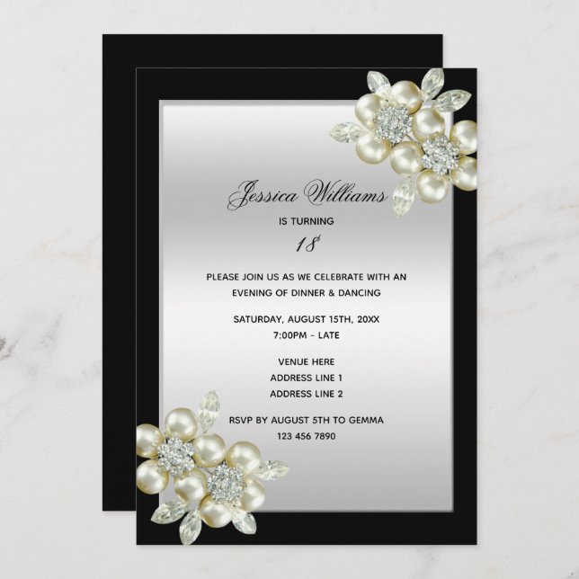 Invitation Anniversaire floral chic de gemmes de diamants (Devant / Derrière)