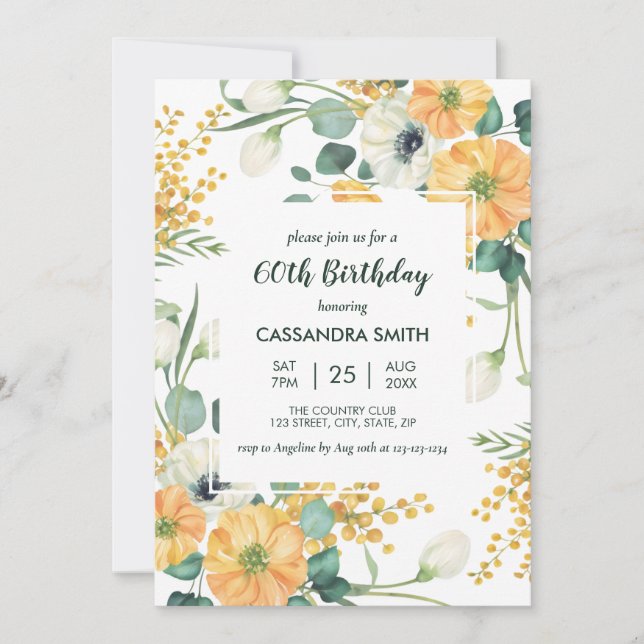 Invitation Anniversaire Floral Chic Orange Anémonique (Devant)