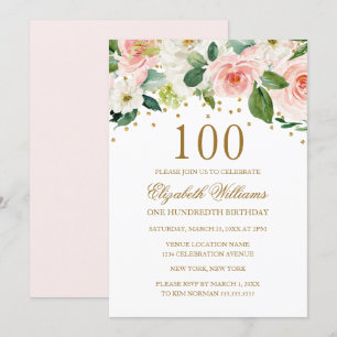 Invitation Anniversaire floral d'aquarelle rose d'or 100th