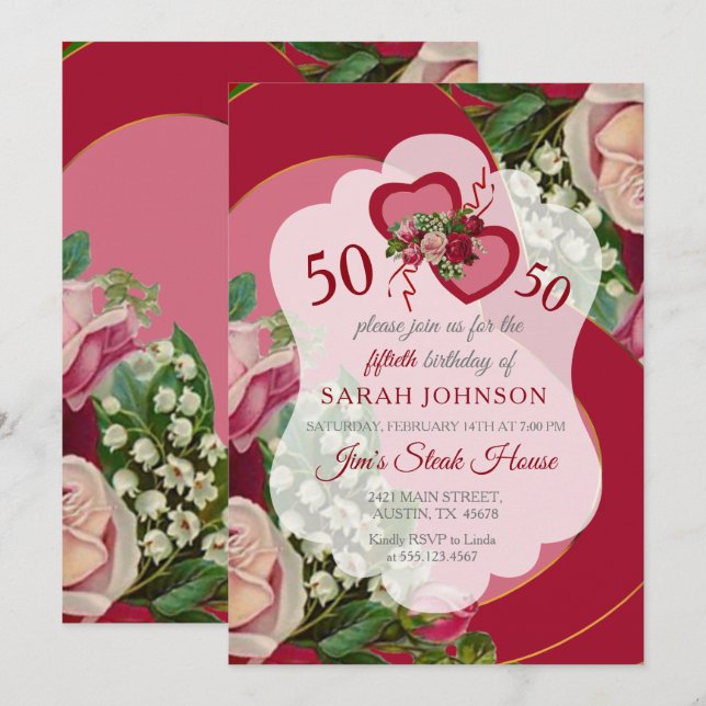 Invitation Anniversaire floral de coeur rouge 00th (Devant / Derrière)