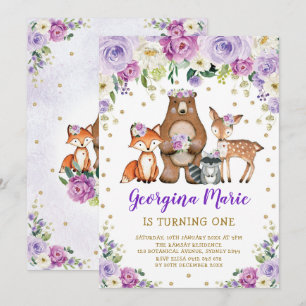 Invitation Anniversaire floral de la forêt boisée d'or mauve