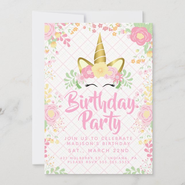 Invitation Anniversaire Floral de la licorne rose douce (Devant)