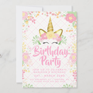 Invitation Anniversaire Floral de la licorne rose douce