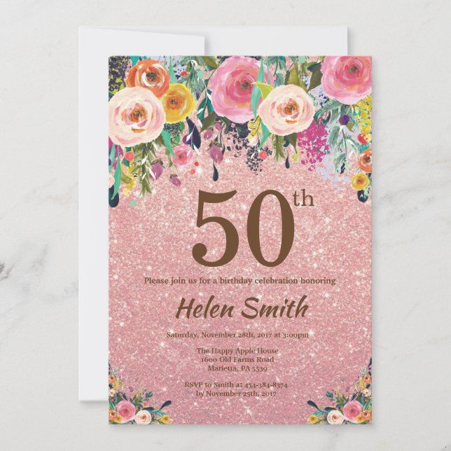 Invitation Anniversaire floral d'or de rose rose de parties (Devant)