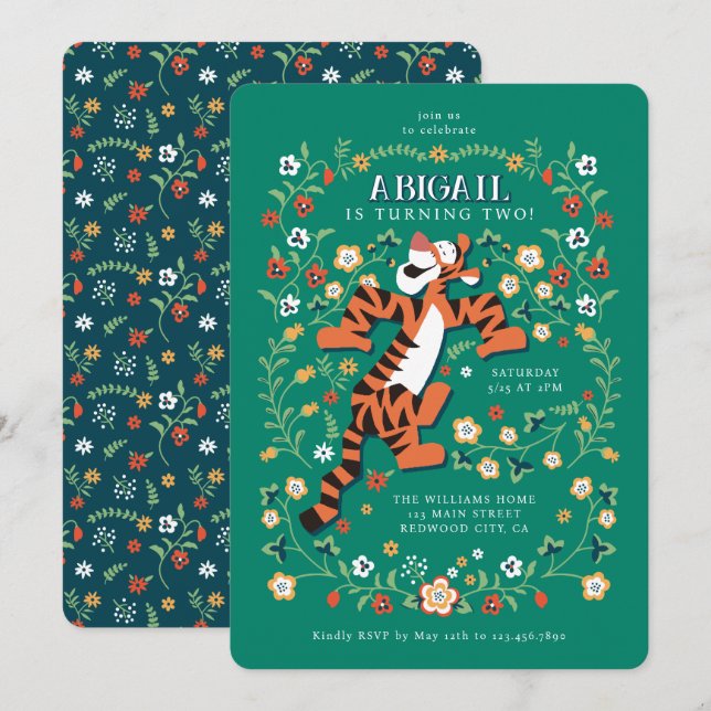 Invitation Anniversaire Floral Fantaisiste de Tigger de Disne (Devant / Derrière)