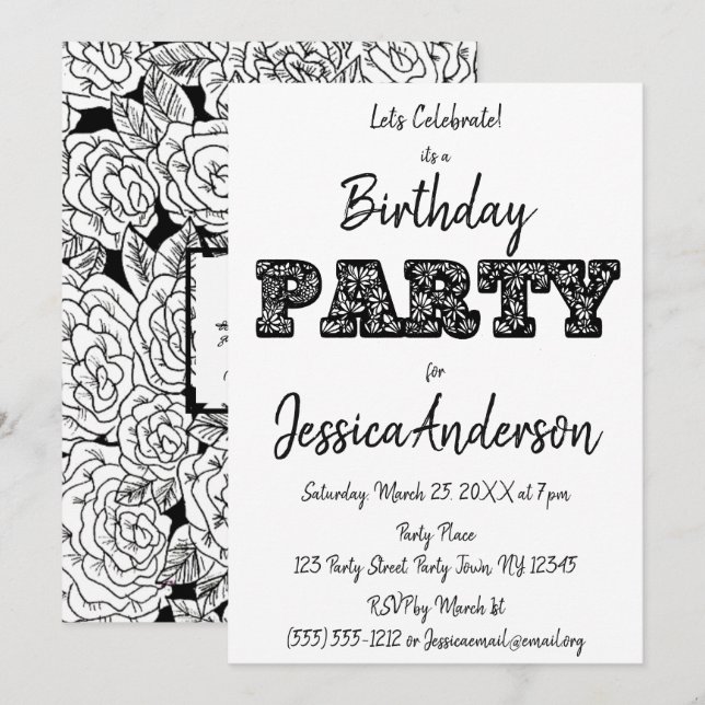 Invitation Anniversaire floral noir de rose blanc (Devant / Derrière)