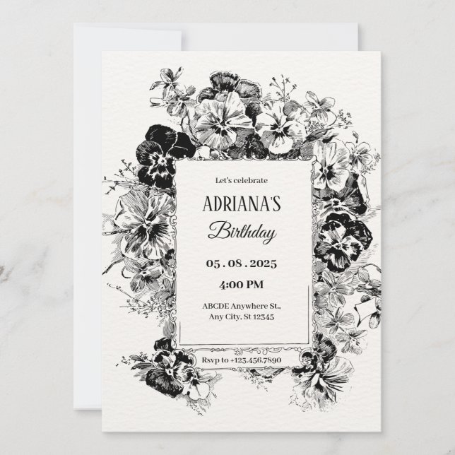 Invitation anniversaire floral noir et blanc (Devant)
