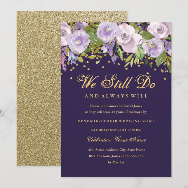 Invitation Anniversaire Floral Purple Gold Vow Renouvellement (Devant / Derrière)