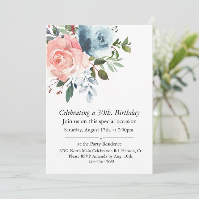 Invitation Anniversaire floral rose et bleu personnalisable (Debout devant)