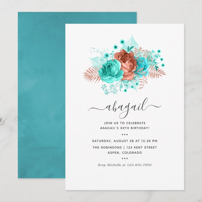 Invitation Anniversaire floral turquoise et corail (Devant / Derrière)