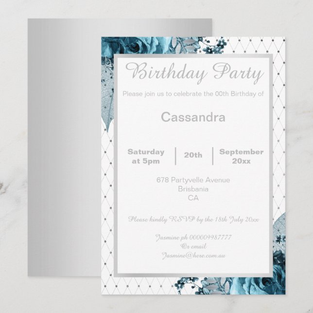 INVITATION ANNIVERSAIRE FLORALE ÉLÉGANT AQUA BLUE SILVER NETT (Devant / Derrière)