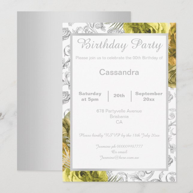INVITATION ANNIVERSAIRE FLORALE JAUNE À LA FRONTIÈRE DE L'ARG (Devant / Derrière)