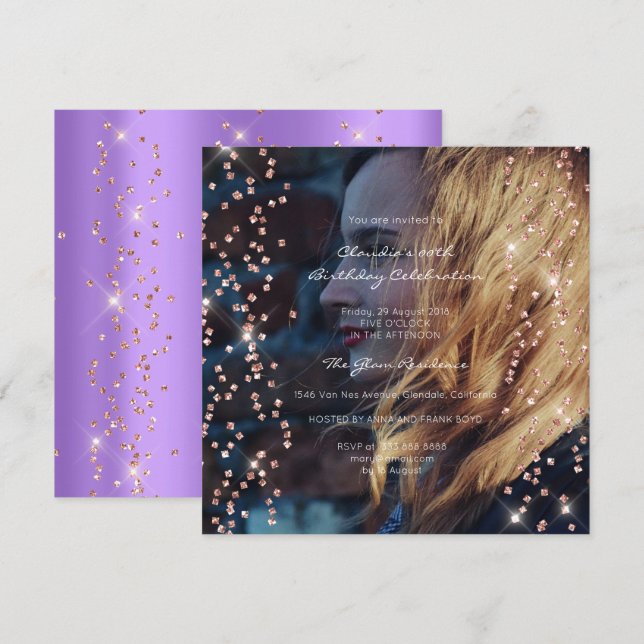Invitation Anniversaire Foto Purple Confetti Spark (Devant / Derrière)