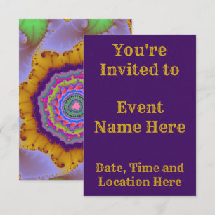 Invitation Anniversaire fractale doré et violet coloré