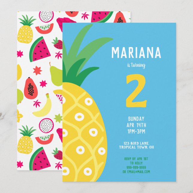 Invitation Anniversaire Fruit de l'ananas Tutti Frutti Bleu (Devant / Derrière)