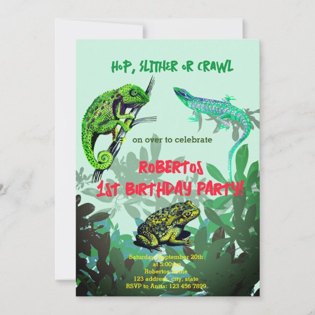 Invitation Anniversaire garçon chameleon, lézard, grenouille (Devant)