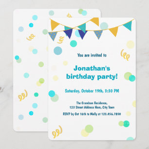 Invitation Anniversaire Garçon Confettis Bleu Vert & Jaune Co